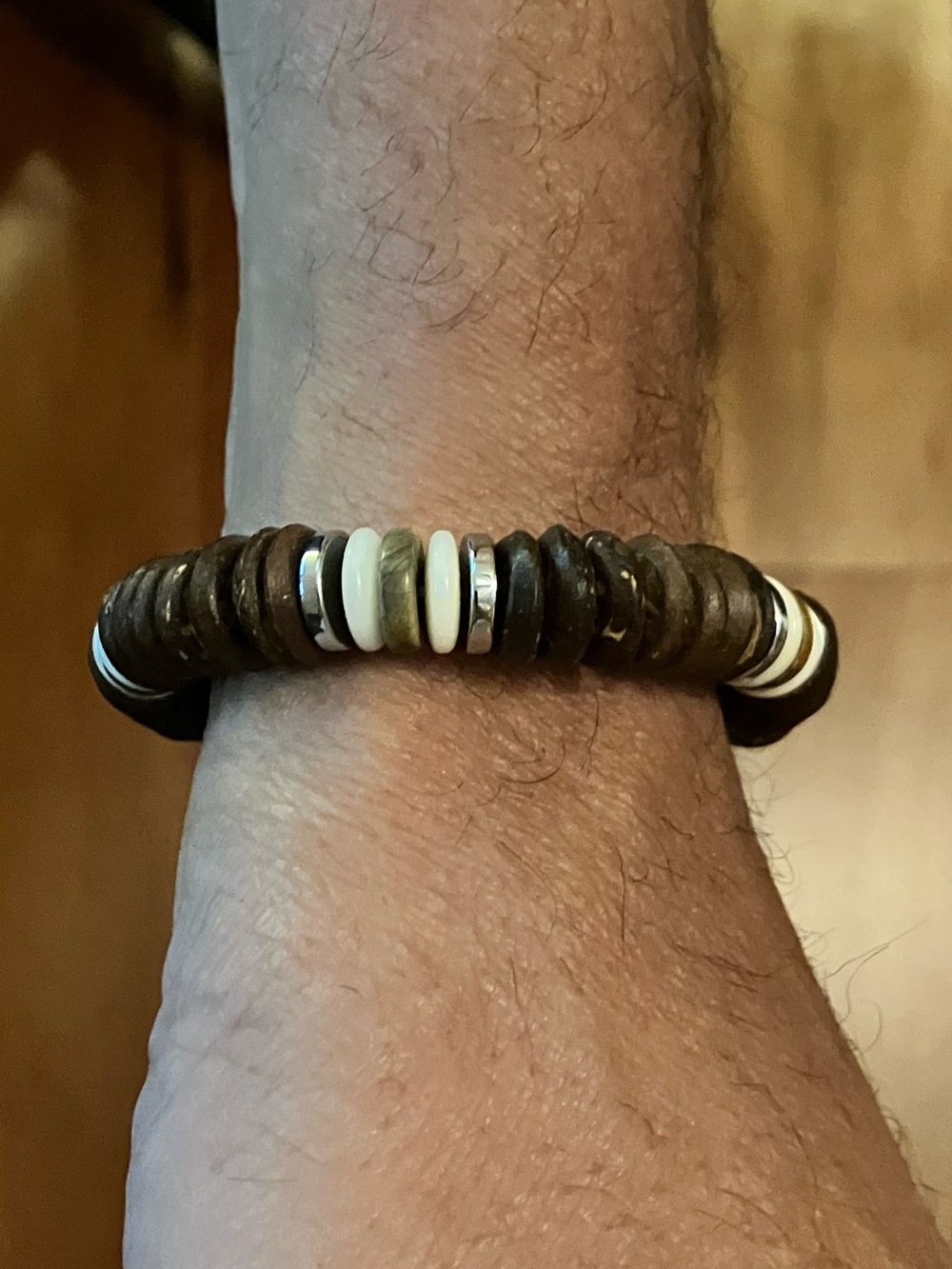 Men's Bracelet Wood (7 in a row), Gemstones, Hematite + stone beads
